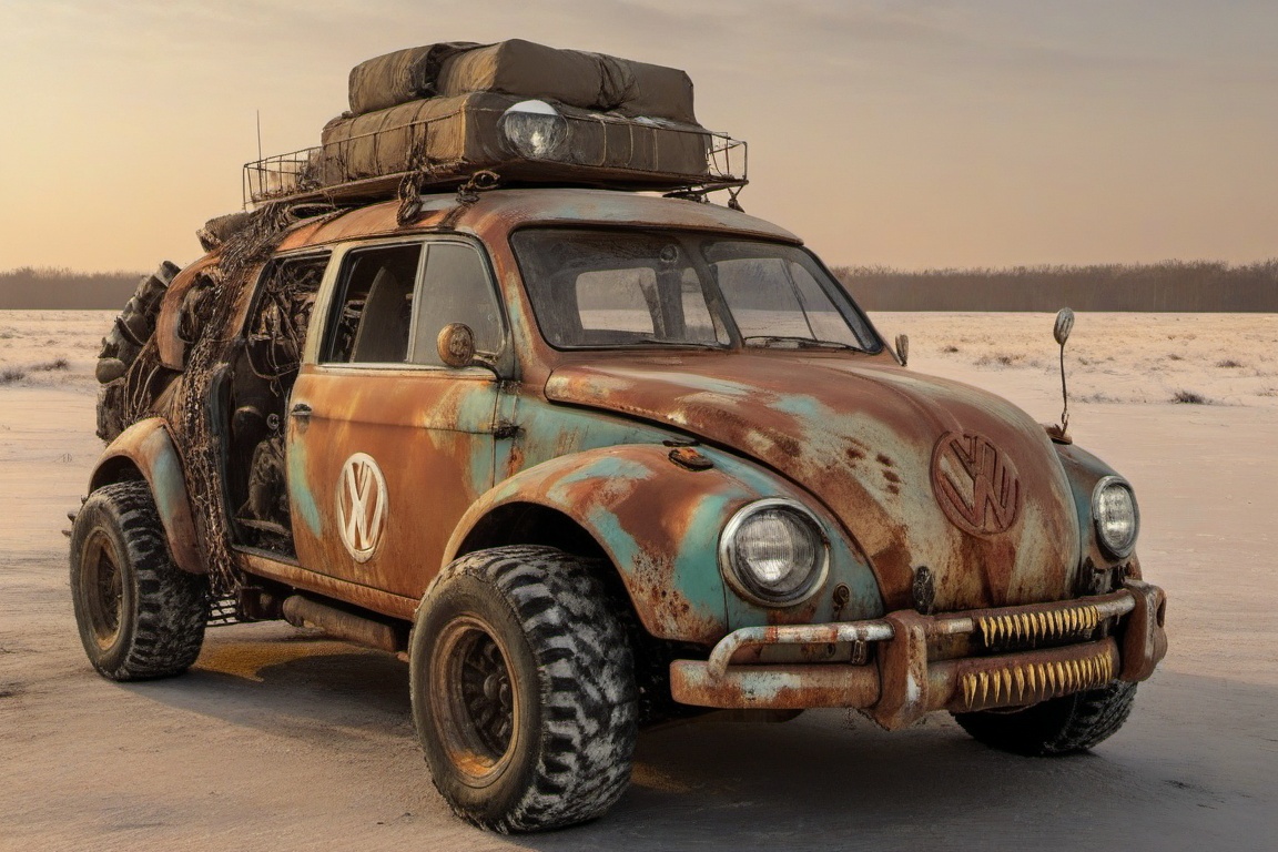 diy rusty car,  4 bigfoot car wheels,  automatic **** machinegun on the car roof on Tensor.Art