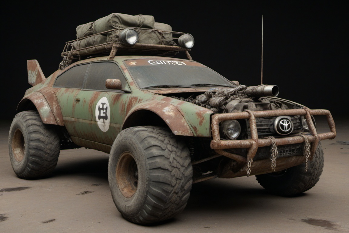 dented and beaten reno toyota,  4 bigfoot car wheels,  automatic **** machinegun on the car roof on Tensor.Art