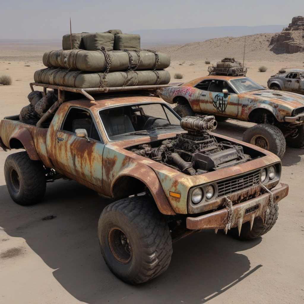 rusty damaged Chrysler,  pickup truck,  monster truck wheels on Tensor.Art