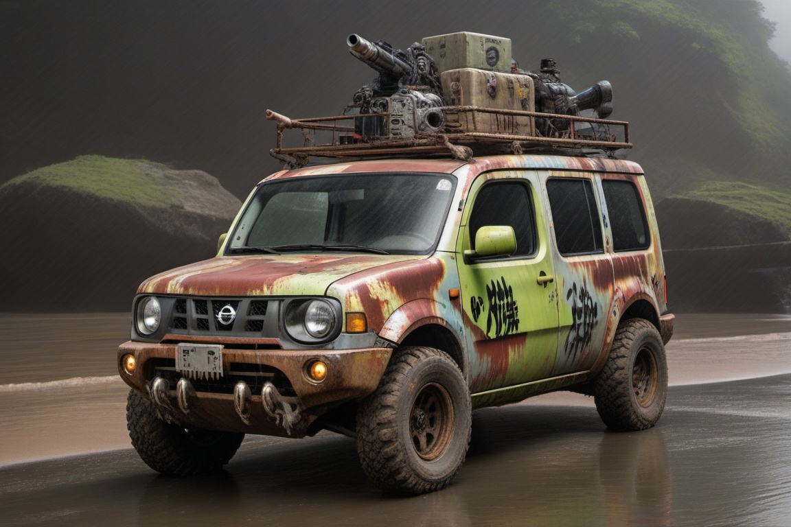 silver nissan cube offroad style,  4 bigfoot offroad wheels,  automatic **** machinegun on the car roof on Tensor.Art