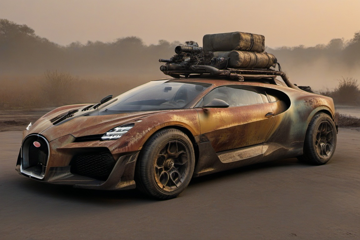 diy rusty car,  4 bigfoot car wheels,  automatic **** machinegun on the car roof on Tensor.Art