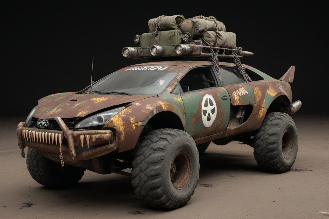 dented and beaten reno toyota,  4 bigfoot car wheels,  automatic **** machinegun on the car roof on Tensor.Art