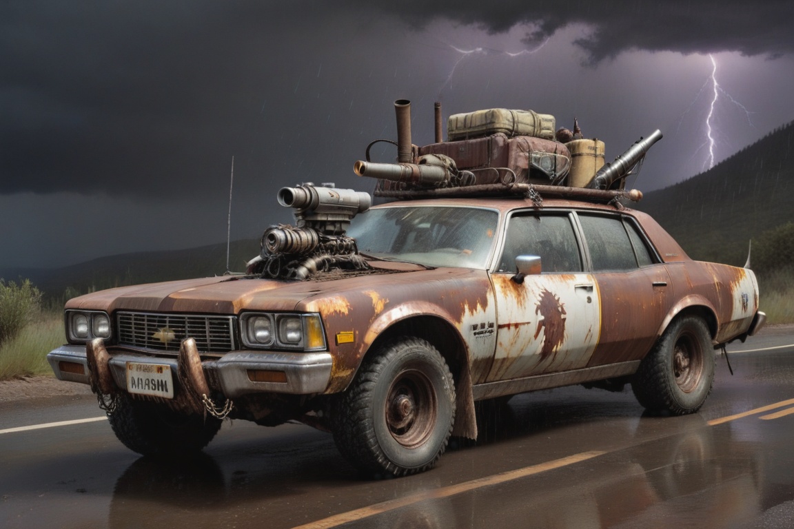 Chevrolet Caprice Classic,  6 bigfoot car wheels,  **** gun in the trunk on Tensor.Art