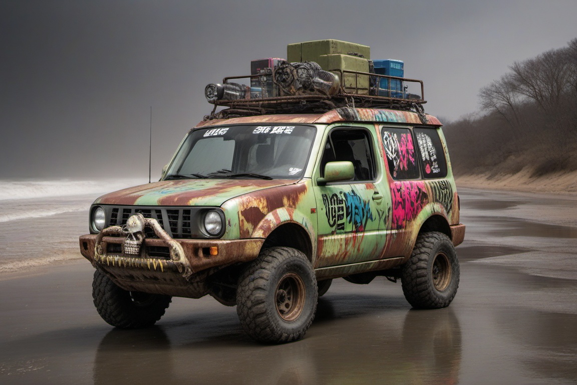 silver nissan cube offroad style,  4 bigfoot offroad wheels,  automatic **** machinegun on the car roof on Tensor.Art