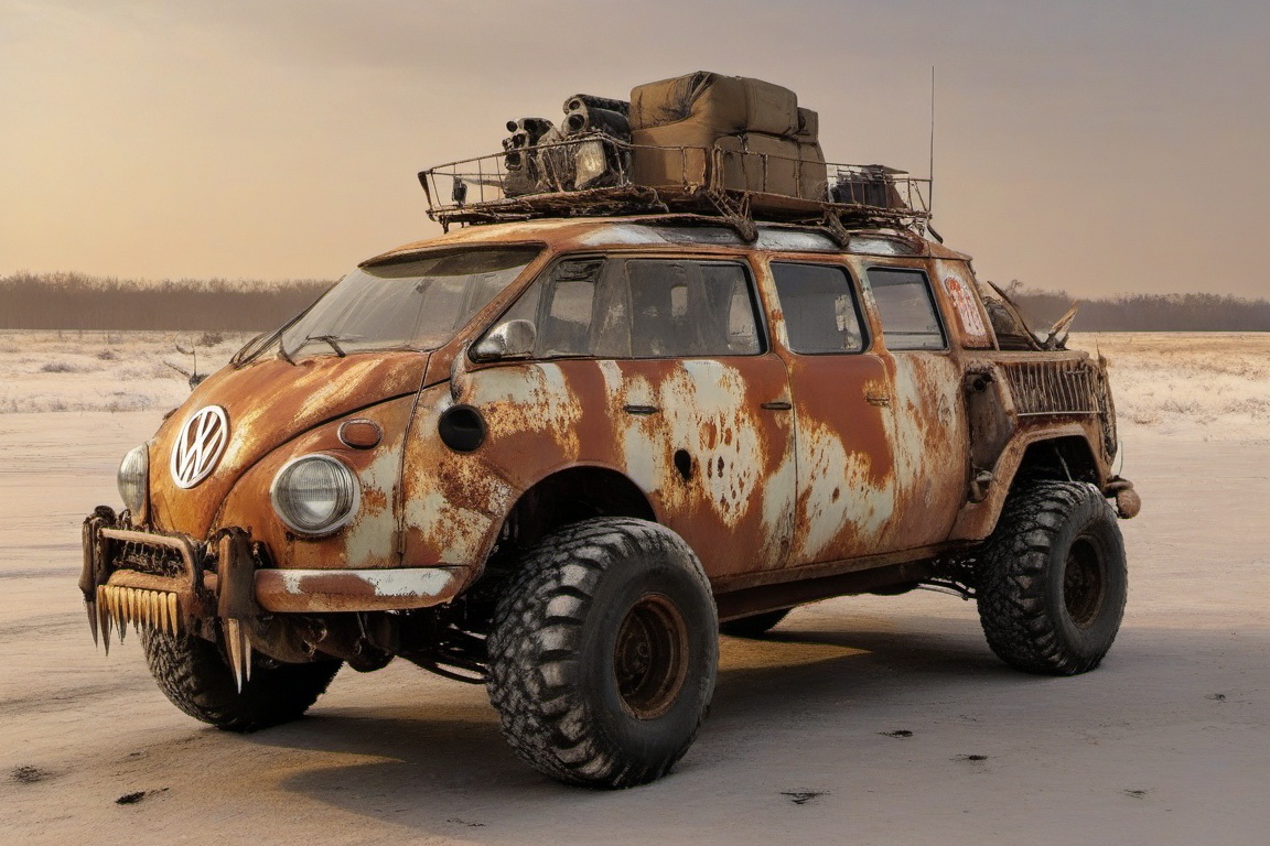 diy rusty car,  4 bigfoot car wheels,  automatic **** machinegun on the car roof on Tensor.Art