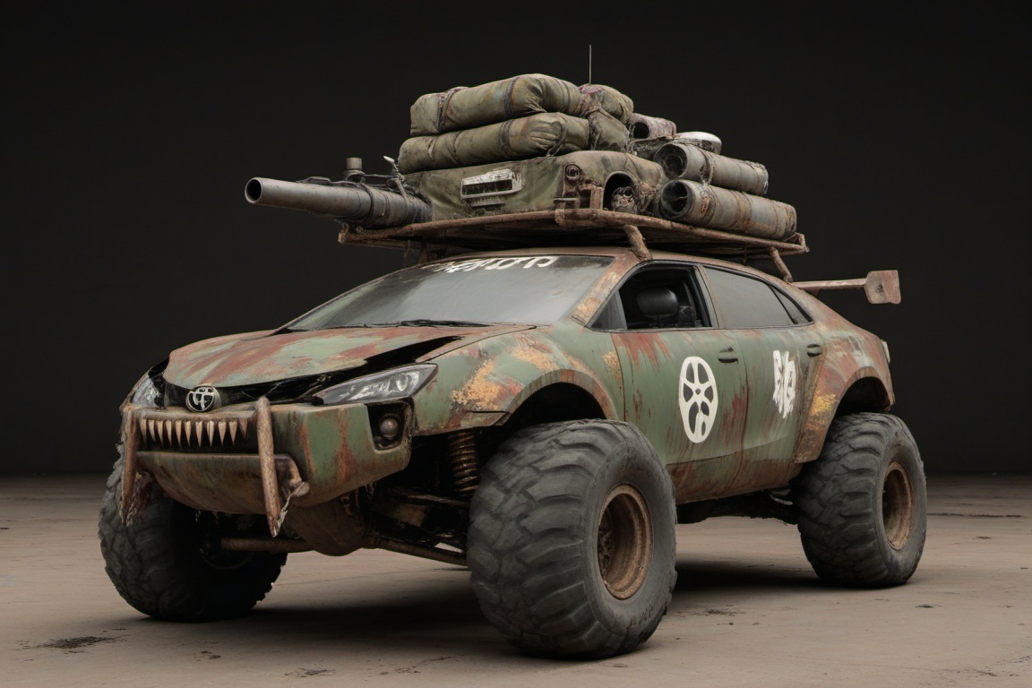 dented and beaten reno toyota,  4 bigfoot car wheels,  automatic **** machinegun on the car roof on Tensor.Art
