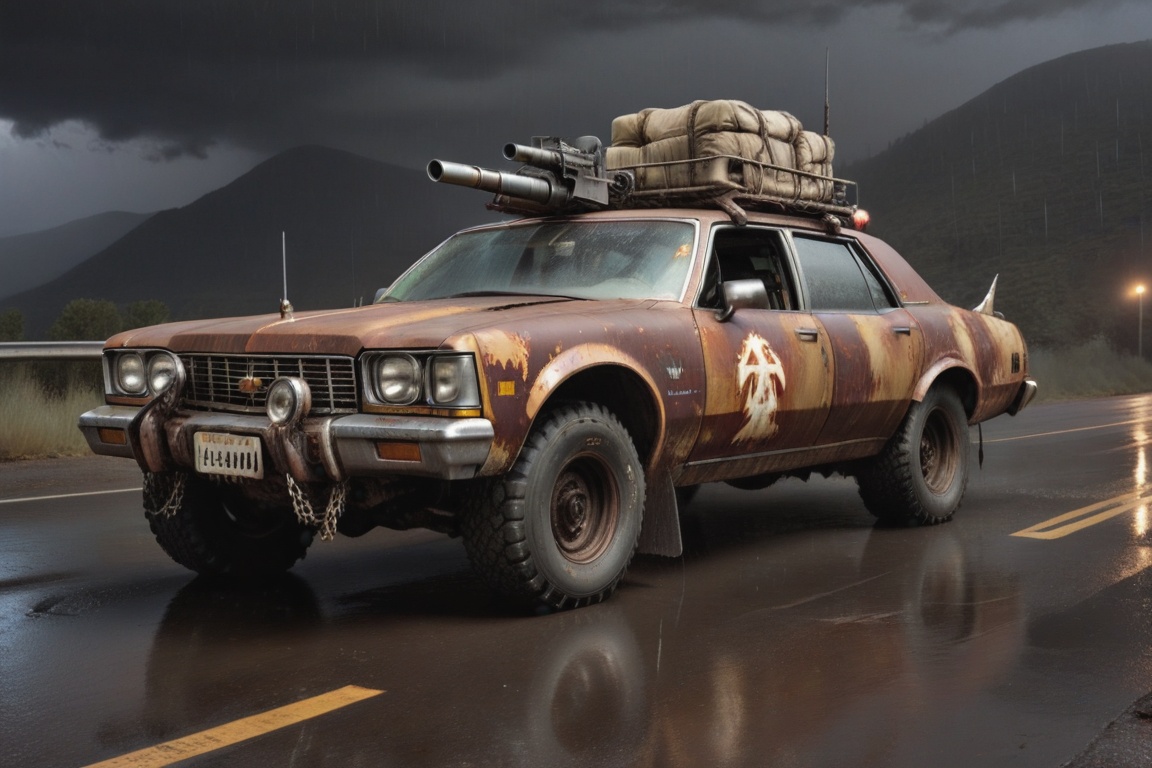 Chevrolet Caprice Classic,  6 bigfoot car wheels,  **** gun in the trunk on Tensor.Art