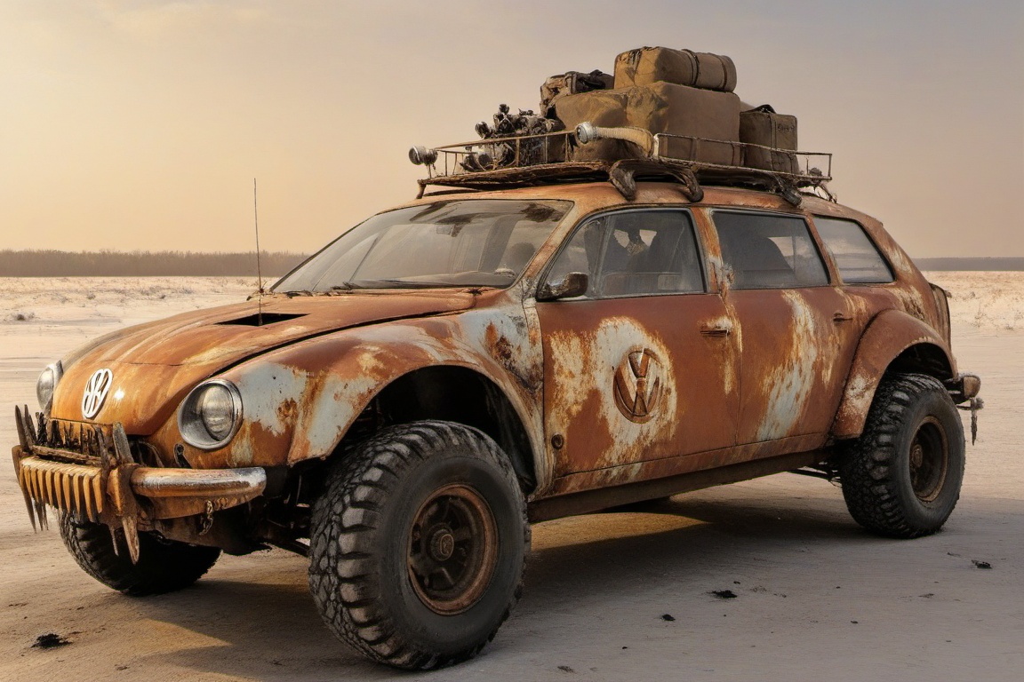diy rusty car,  4 bigfoot car wheels,  automatic **** machinegun on the car roof on Tensor.Art
