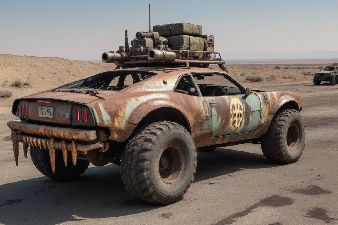 rusty damaged Chrysler,  4 bigfoot car wheels,  automatic **** machinegun on the car roof on Tensor.Art