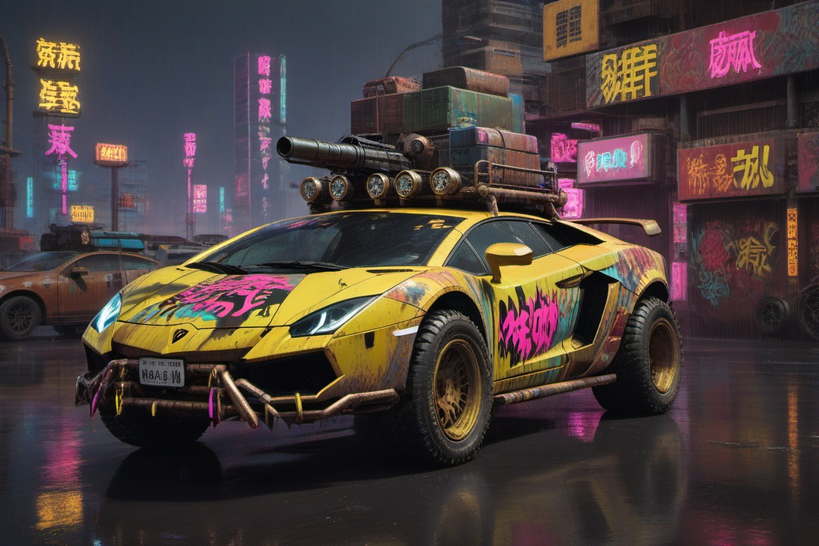yellow Lamborghini Gallardo offroad style,  4 bigfoot car wheels,  automatic **** machinegun on the car roof on Tensor.Art