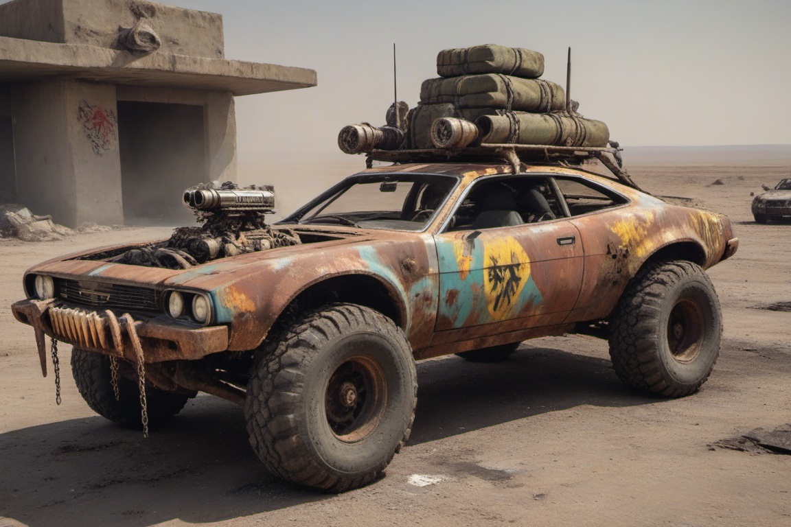 rusty damaged Chrysler,  4 bigfoot car wheels,  automatic **** machinegun on the car roof on Tensor.Art