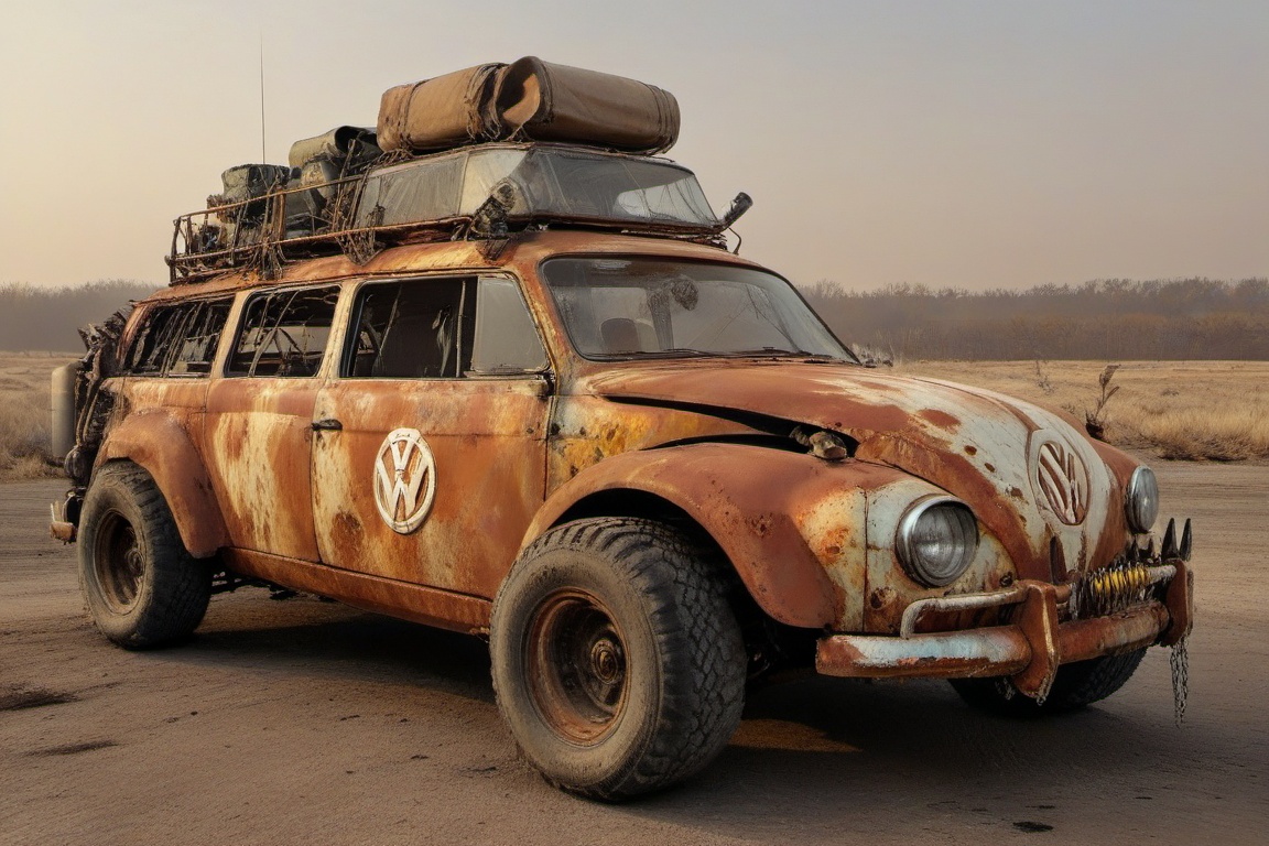 diy rusty car,  4 bigfoot car wheels,  automatic **** machinegun on the car roof on Tensor.Art