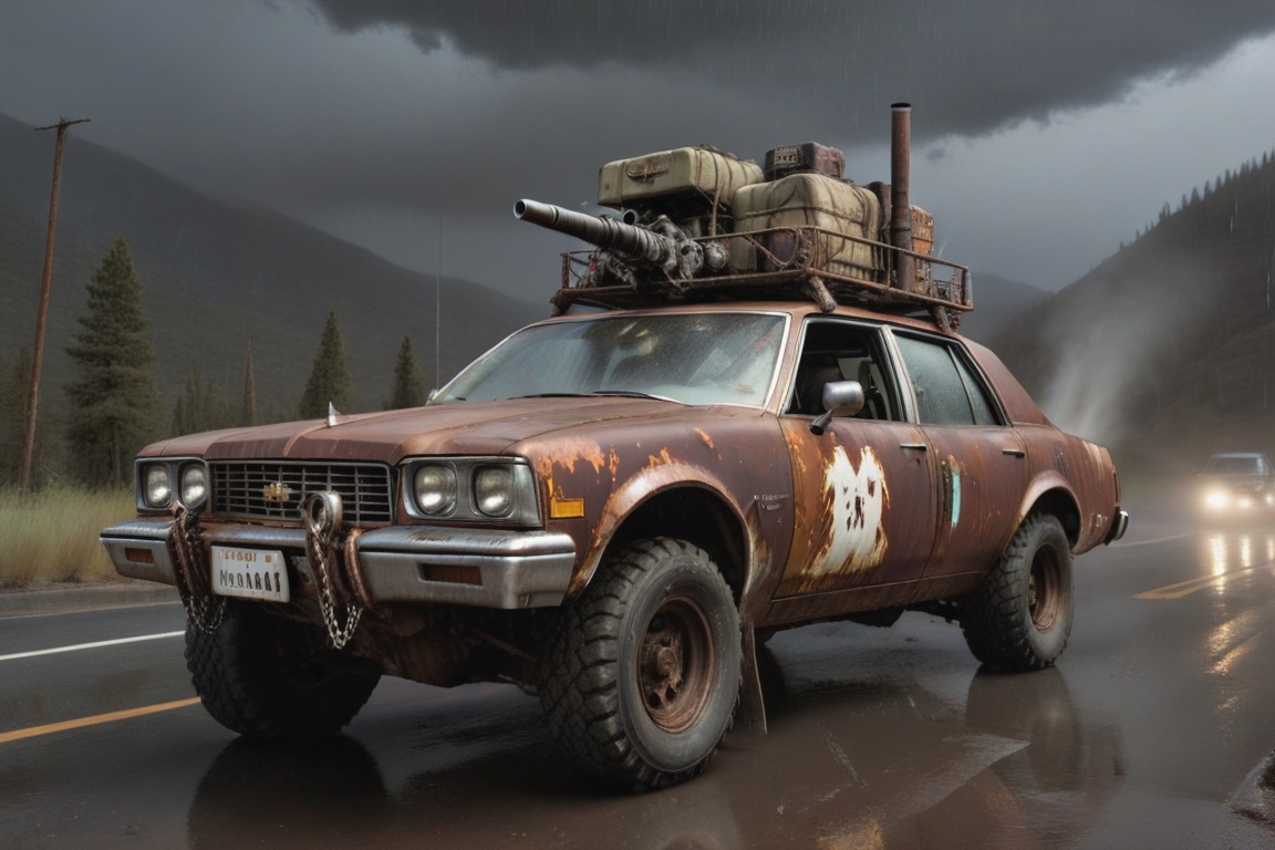 Chevrolet Caprice Classic,  6 bigfoot car wheels,  **** gun in the trunk on Tensor.Art
