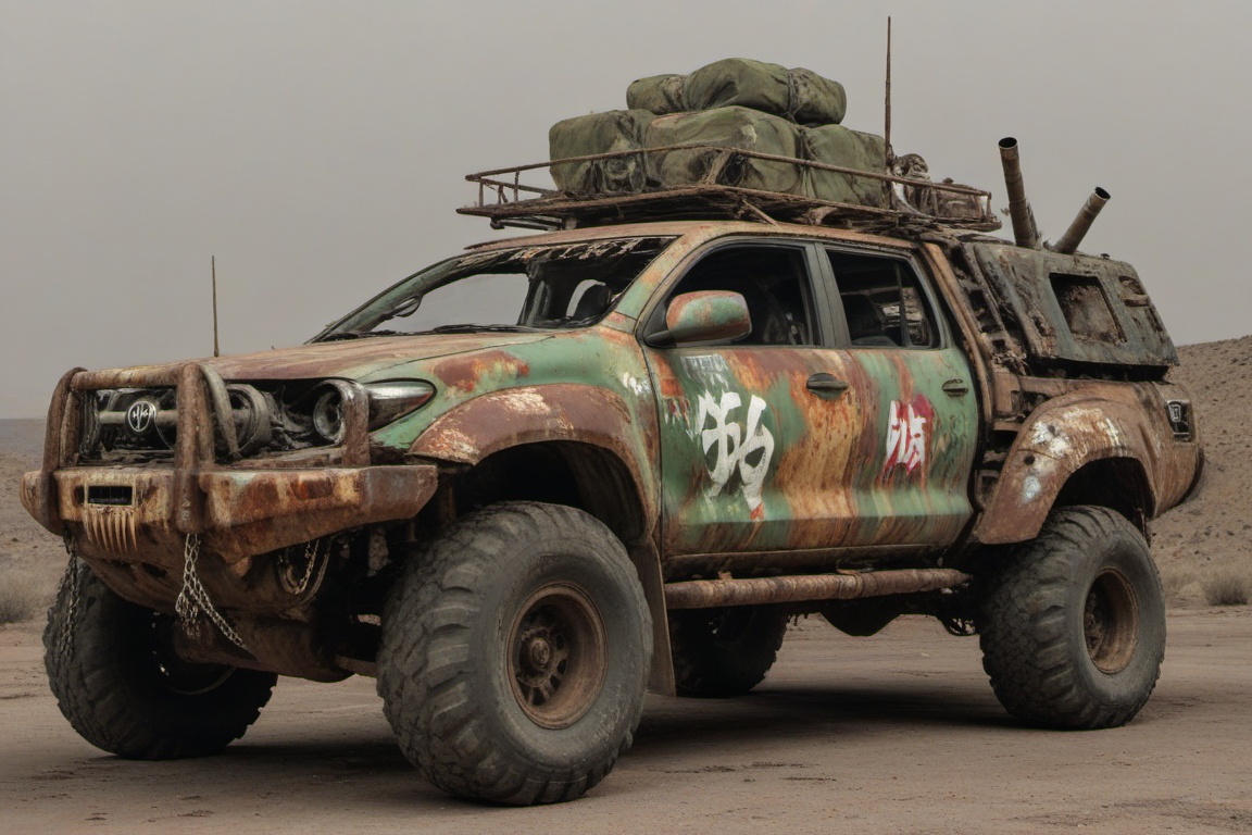 dented and beaten reno toyota,  4 bigfoot car wheels,  automatic **** machinegun on the car roof on Tensor.Art