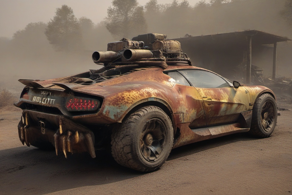 diy rusty car,  4 bigfoot car wheels,  automatic **** machinegun on the car roof on Tensor.Art