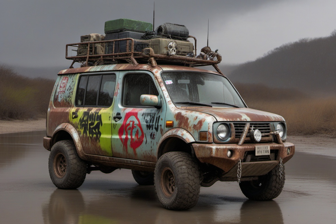 silver nissan cube offroad style,  4 bigfoot offroad wheels,  automatic **** machinegun on the car roof on Tensor.Art
