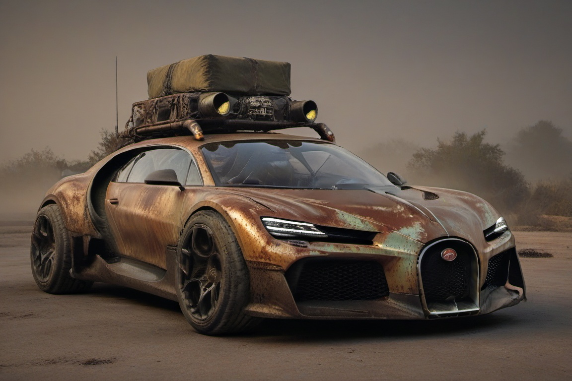 diy rusty car,  4 bigfoot car wheels,  automatic **** machinegun on the car roof on Tensor.Art
