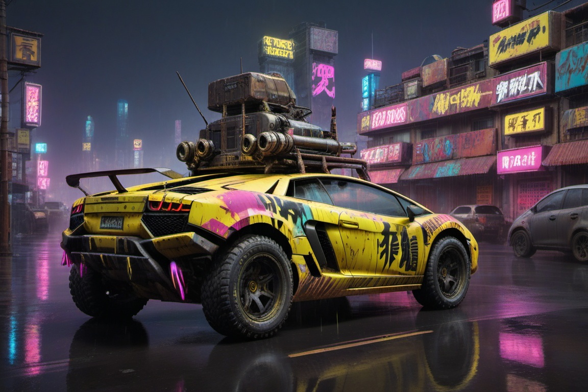 yellow Lamborghini Gallardo offroad style,  4 bigfoot car wheels,  automatic **** machinegun on the car roof on Tensor.Art