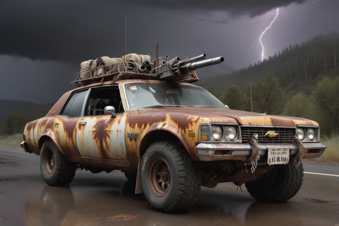 Chevrolet Caprice Classic,  6 bigfoot car wheels,  **** gun in the trunk on Tensor.Art