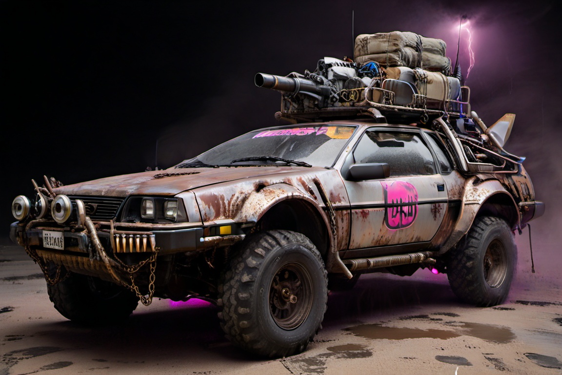 silver Delorean DMC-12 offroad style,  4 bigfoot offroad wheels,  automatic **** lasergun pink neon glowing on the car roo...