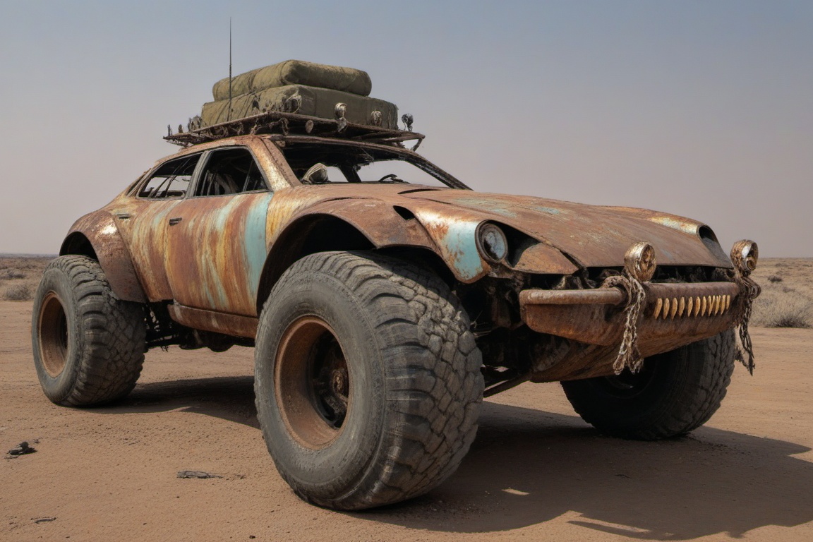 dented and beaten rusty diy car,  4 bigfoot car wheels,  automatic **** machinegun on the car roof on Tensor.Art