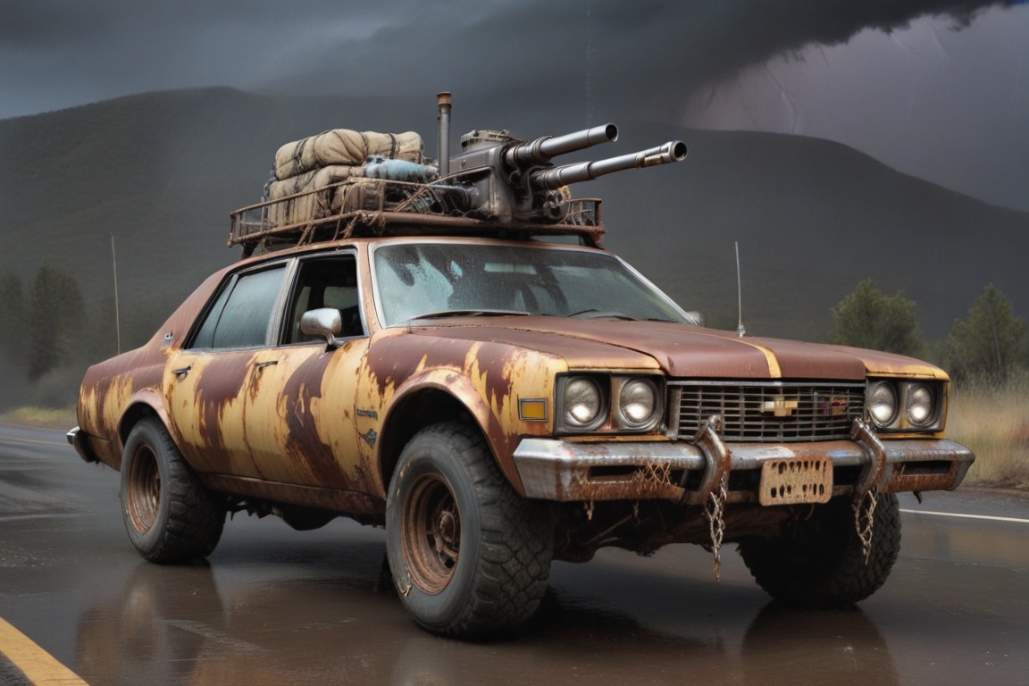 Chevrolet Caprice Classic,  6 bigfoot car wheels,  **** gun in the trunk on Tensor.Art