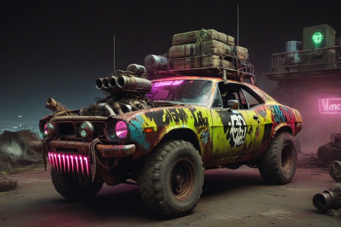 hemi cuda,  automaticaly **** machinegun on the roof,  night on Tensor.Art