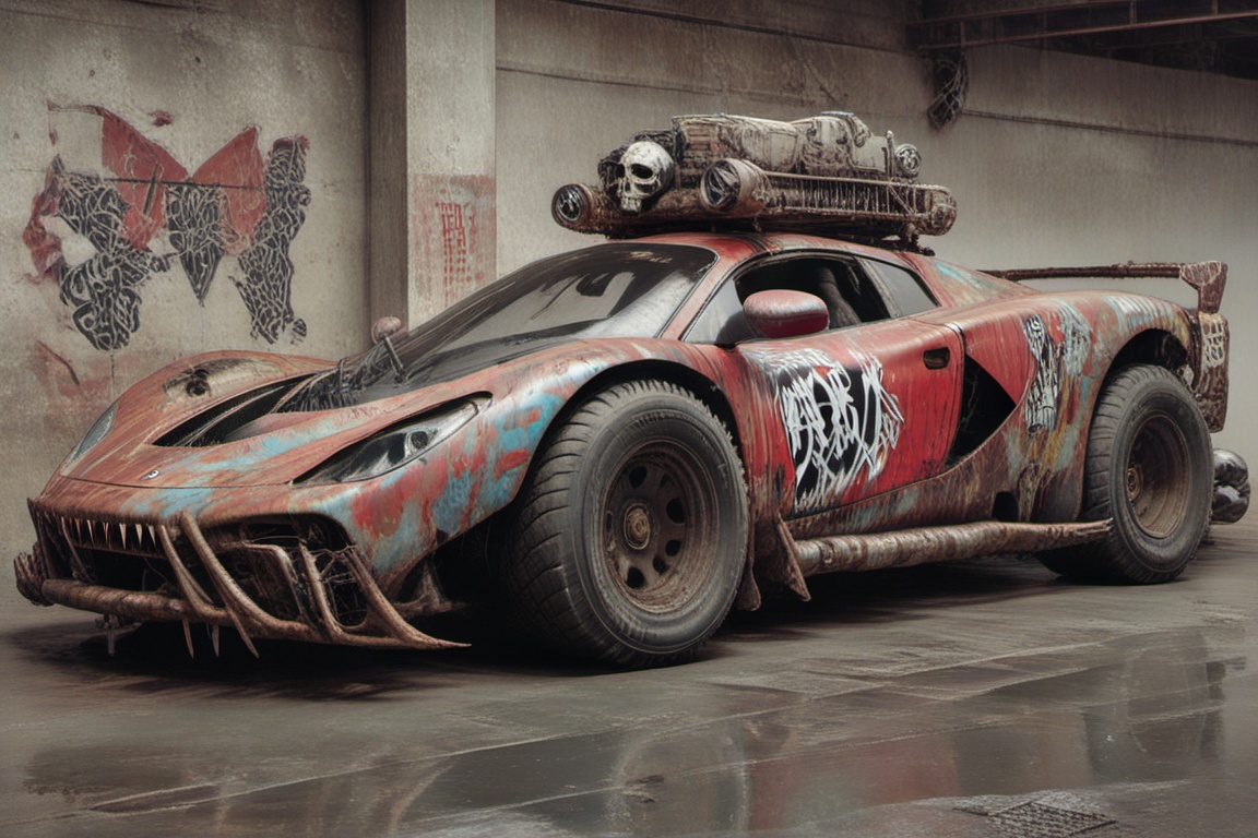 of a wide-body,  rusty off-road red ferrari laferrari ,  featuring black graffiti japanese characters written on it on Ten...