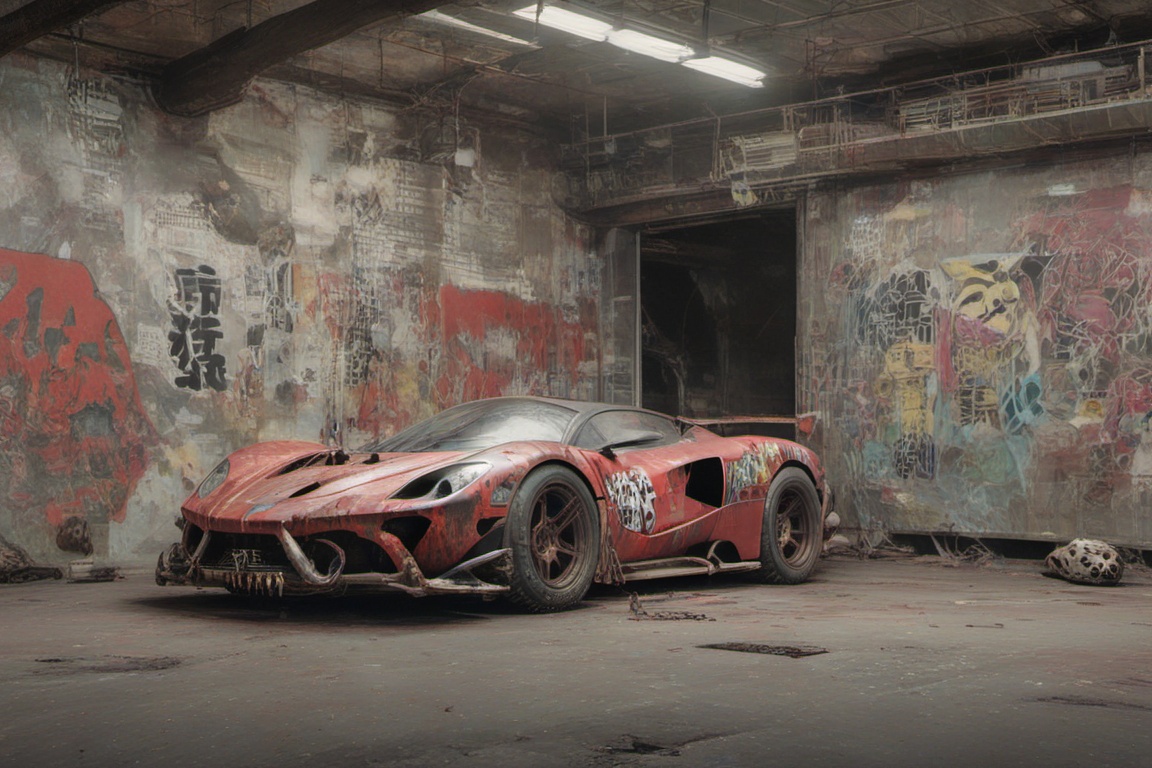 of a wide-body,  rusty off-road red ferrari laferrari ,  featuring black graffiti japanese characters written on it on Ten...