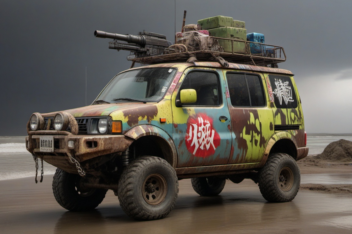 silver nissan cube offroad style,  4 bigfoot offroad wheels,  automatic **** machinegun on the car roof on Tensor.Art