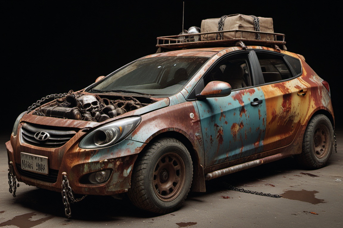 Full shot of a copper-orange Hyundai Solaris,  centered in the frame,  facing forward on Tensor.Art