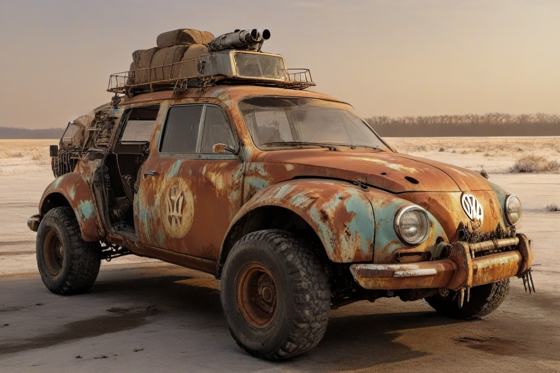 diy rusty car,  4 bigfoot car wheels,  automatic **** machinegun on the car roof on Tensor.Art