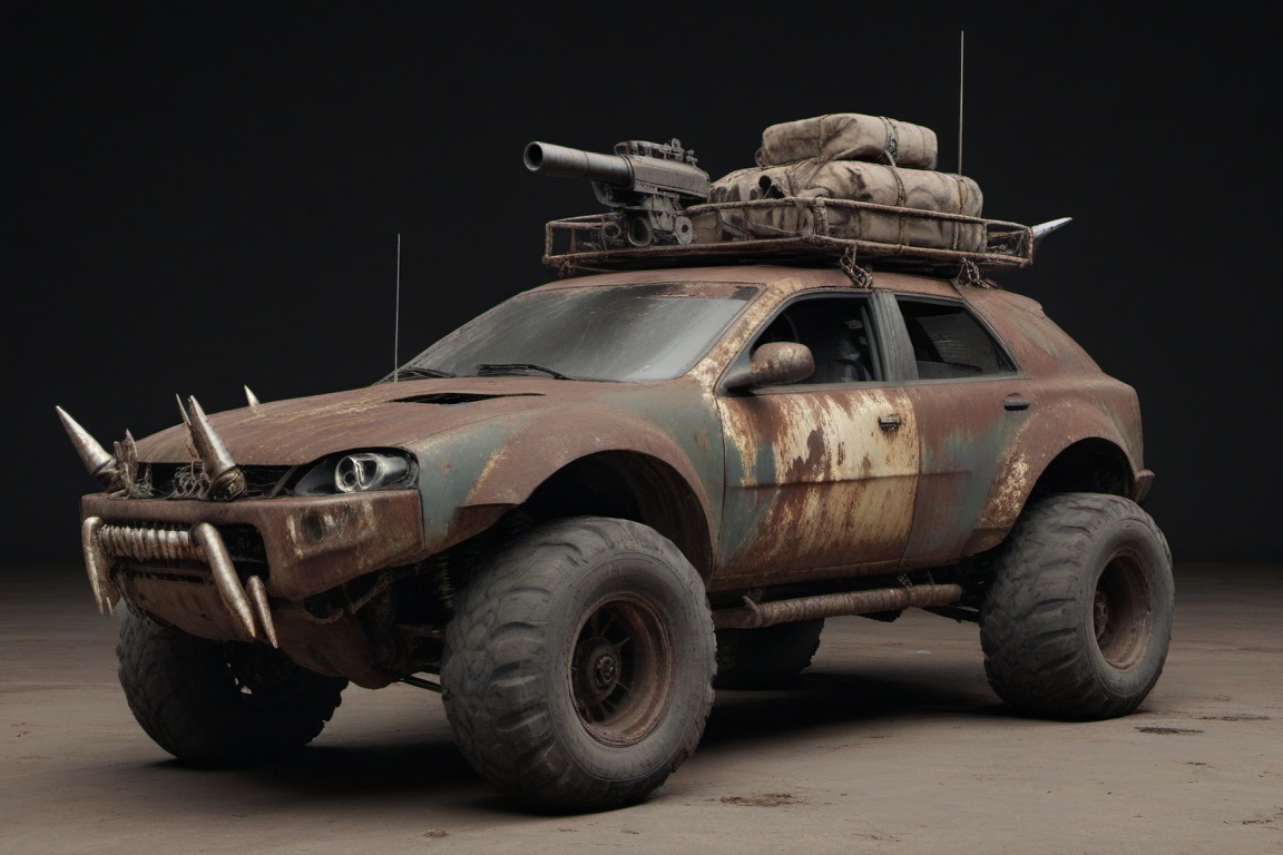 dented and beaten demonic vampire car,  4 bigfoot car wheels,  automatic **** machinegun on the car roof on Tensor.Art