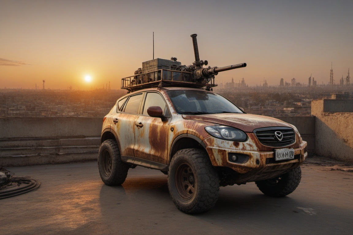 masda cx5,  automaticaly **** machinegun on the roof,  golden hour on Tensor.Art
