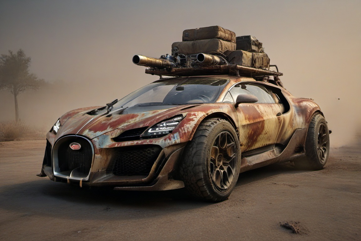diy rusty car,  4 bigfoot car wheels,  automatic **** machinegun on the car roof on Tensor.Art