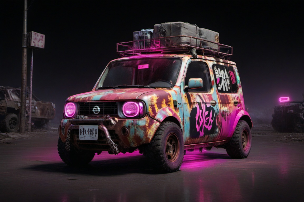 nissan cube,  night,  pink neon light on Tensor.Art