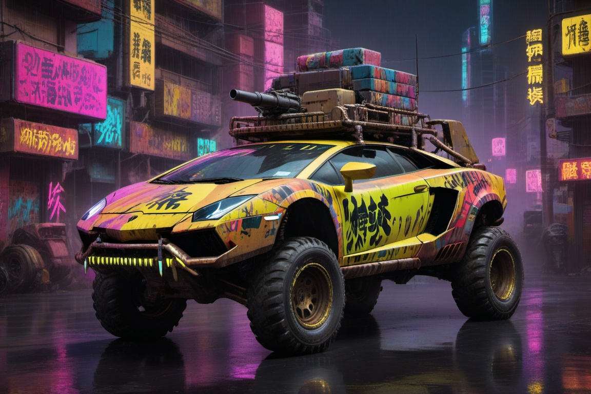 yellow Lamborghini Gallardo offroad style,  4 bigfoot car wheels,  automatic **** machinegun on the car roof on Tensor.Art
