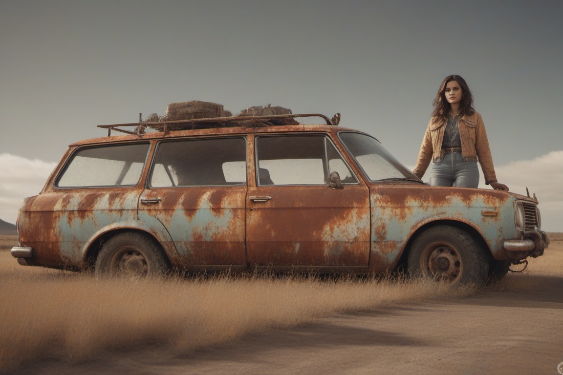 orange station wagon ,  offroad wheels,  light-skinned woman on Tensor.Art