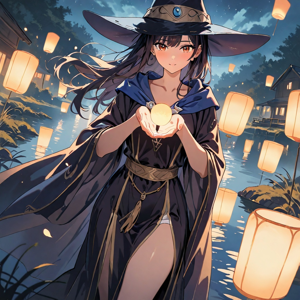 An enigmatic witch walking through a foggy marsh at night,  three glowing lanterns floating above her hands. Mid-body shot...