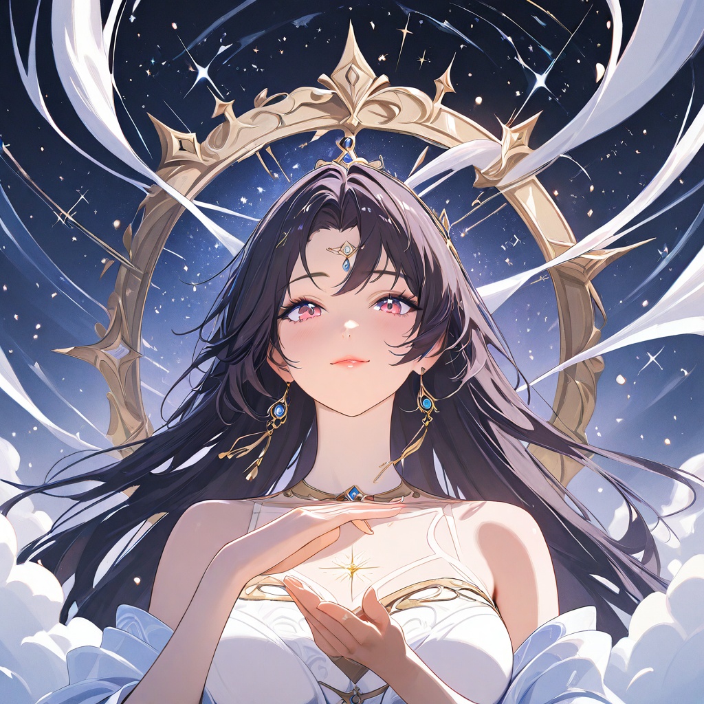 The scene depicts an anime-style sorceress standing gracefully among ancient floating ruins suspended above the clouds. Th...