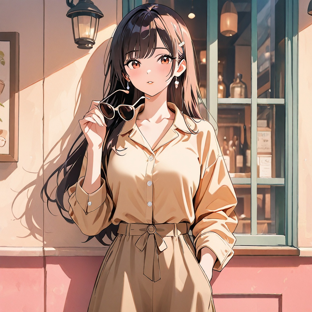 Anime woman leaning against a vintage café wall,  one hand in her pocket,  the other hand holding sunglasses just below he...