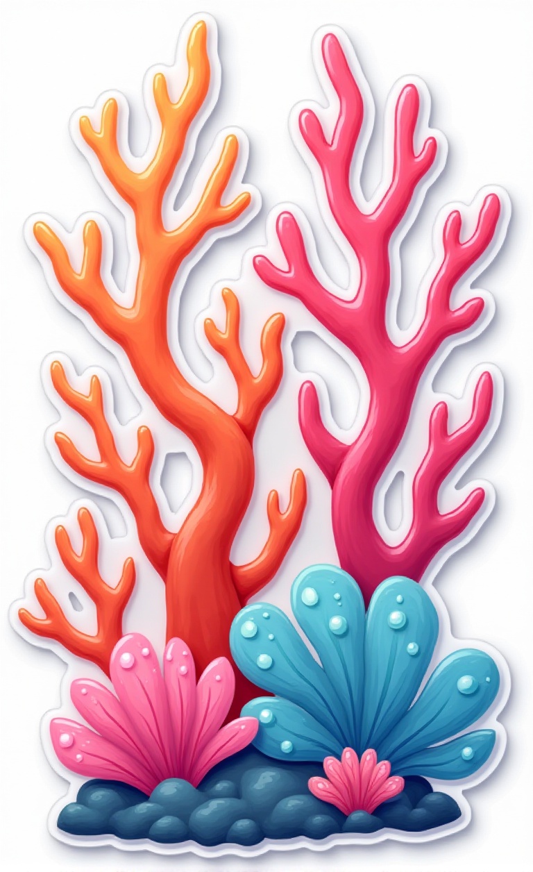 A set of clear stickers depicting a cartoonish coral reef. Each sticker is a separate,  whimsical coral branch or sea anem...