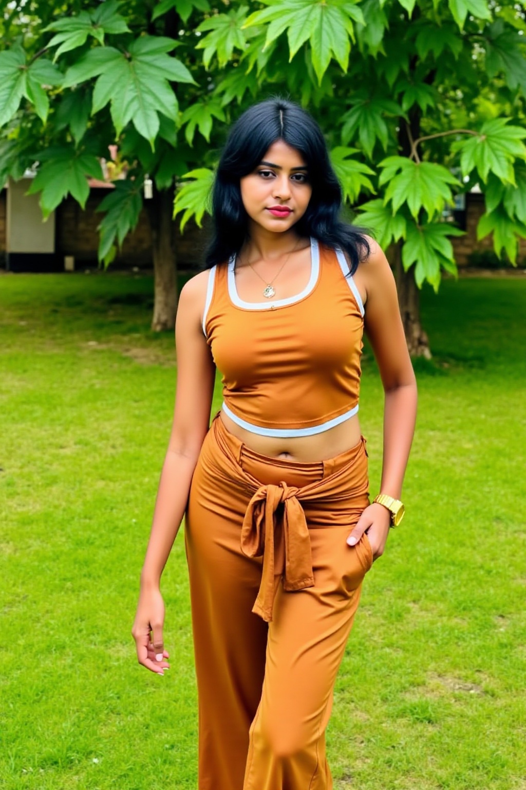 A confident woman strolls through a lush green park,  exuding effortless style. She wears a coordinated two-piece outfit i...