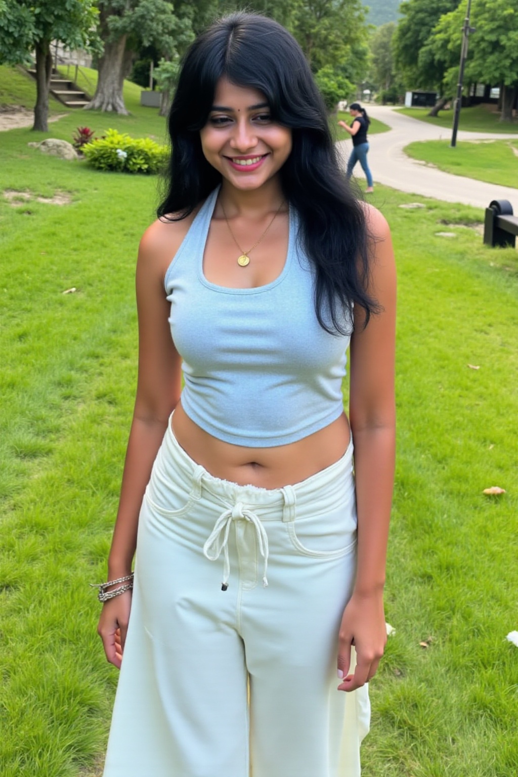A realistic image of a solo girl smiling,  with black hair,  wearing a sleeveless top and wide-leg pants. She has a navel...