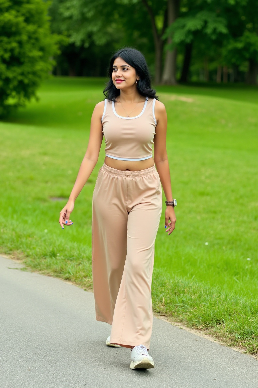 A women walking outdoors in a park. The individual is wearing a two-piece outfit consisting of a sleeveless top and wide-l...
