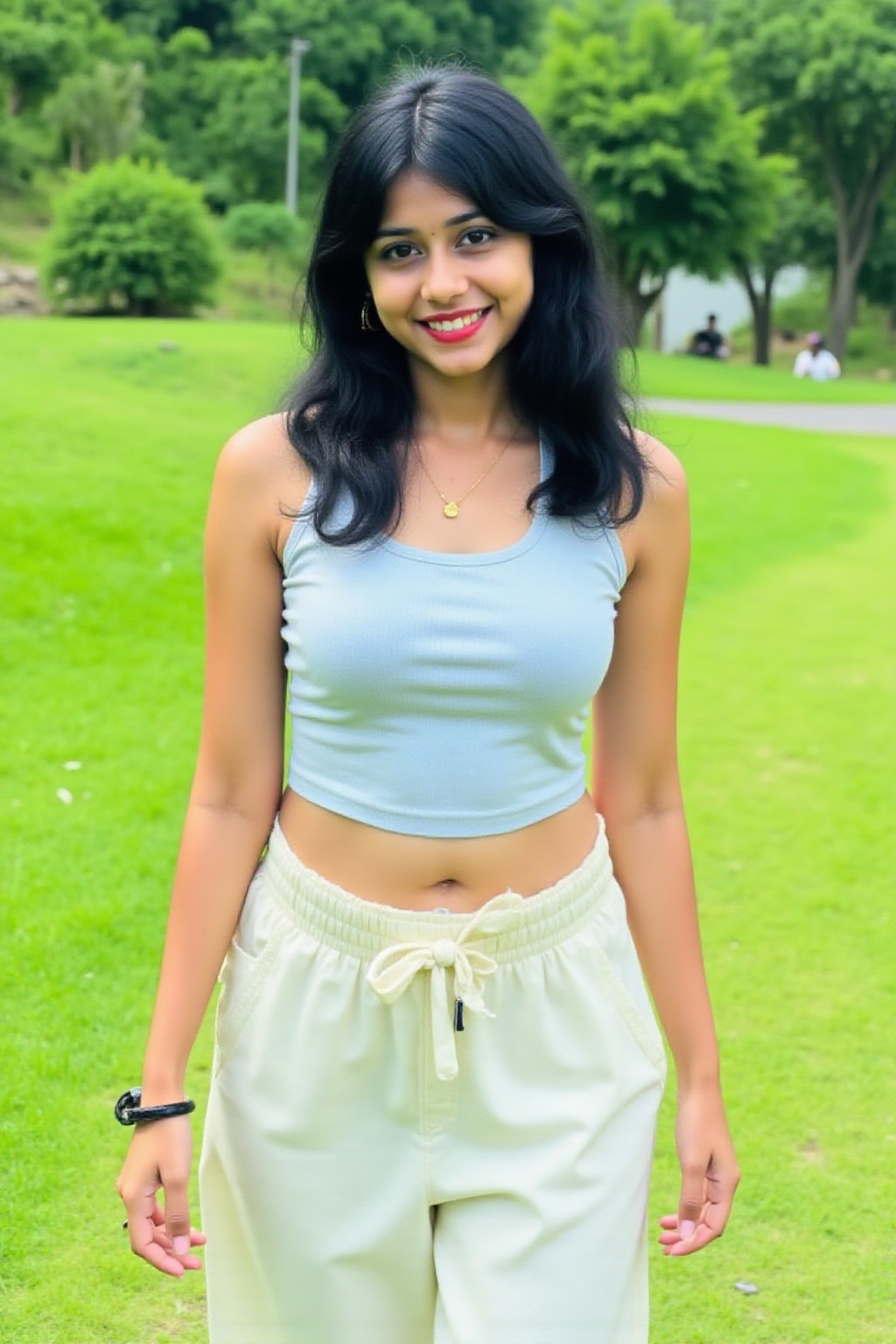 A realistic image of a solo girl smiling,  with black hair,  a navel piercing on Tensor.Art