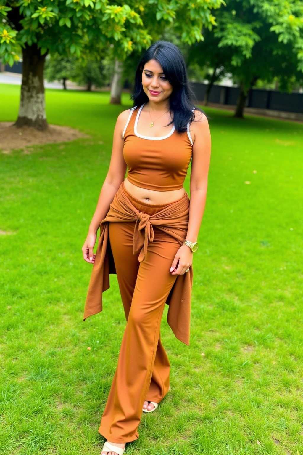 A confident woman strolls through a lush green park,  exuding effortless style. She wears a coordinated two-piece outfit i...