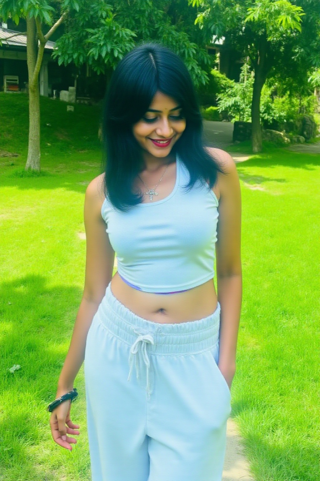 A realistic image of a solo girl smiling,  with black hair,  wearing a sleeveless top and wide-leg pants. She has a navel...