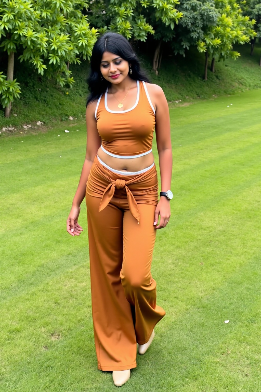A confident woman strolls through a lush green park,  exuding effortless style. She wears a coordinated two-piece outfit i...