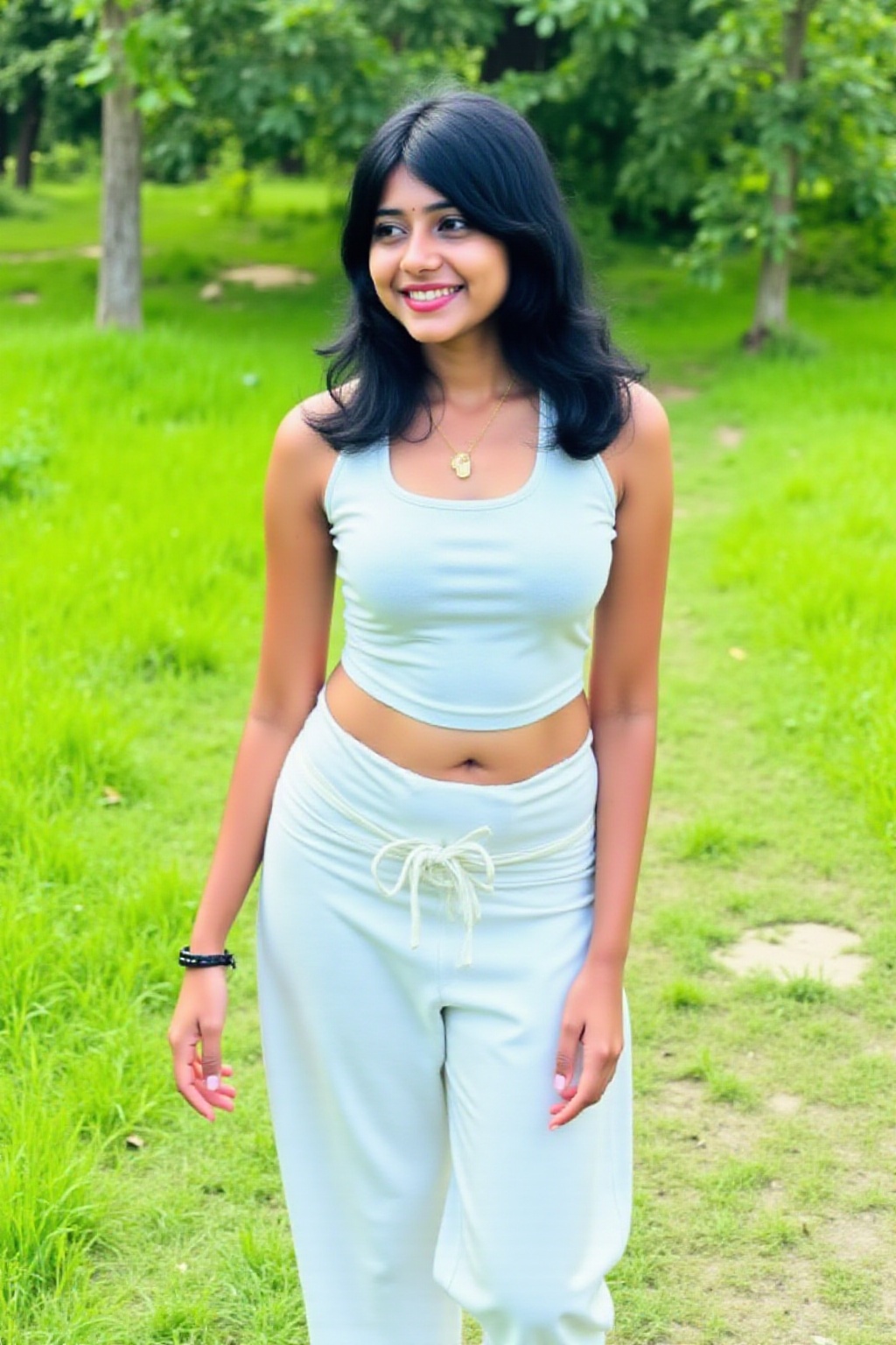 A realistic image of a solo girl smiling,  with black hair,  wearing a sleeveless top and wide-leg pants. She has a navel...